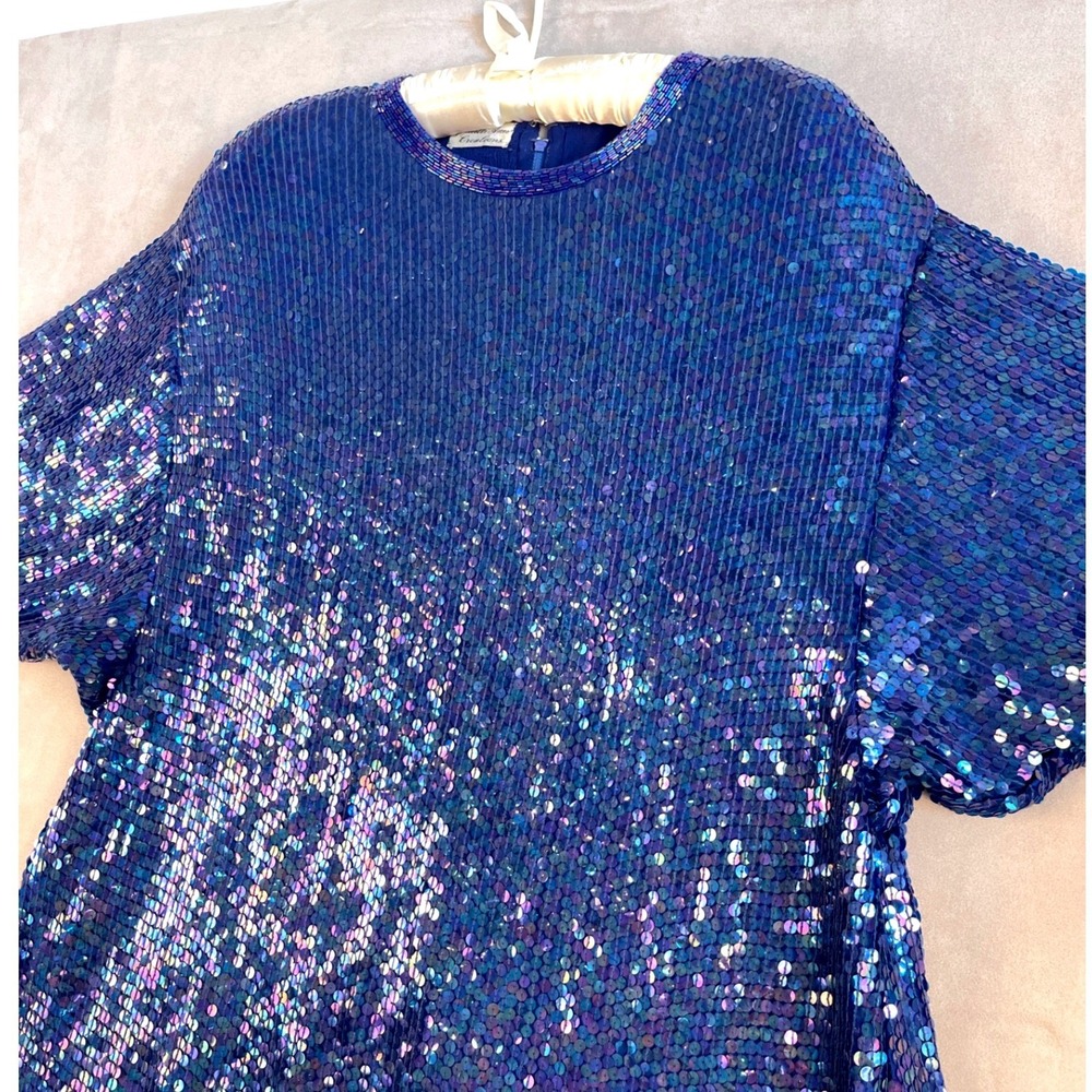 Vintage Judith Ann Creations Blue Sequin Cocktail Dress Gatsby Style Disco 18-20